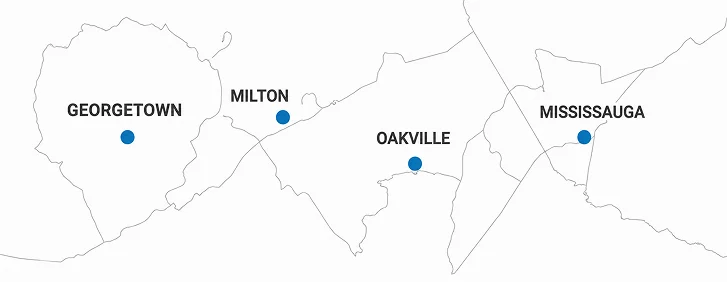 Service area map showing Georgetown, Milton, Oakville and Mississauga