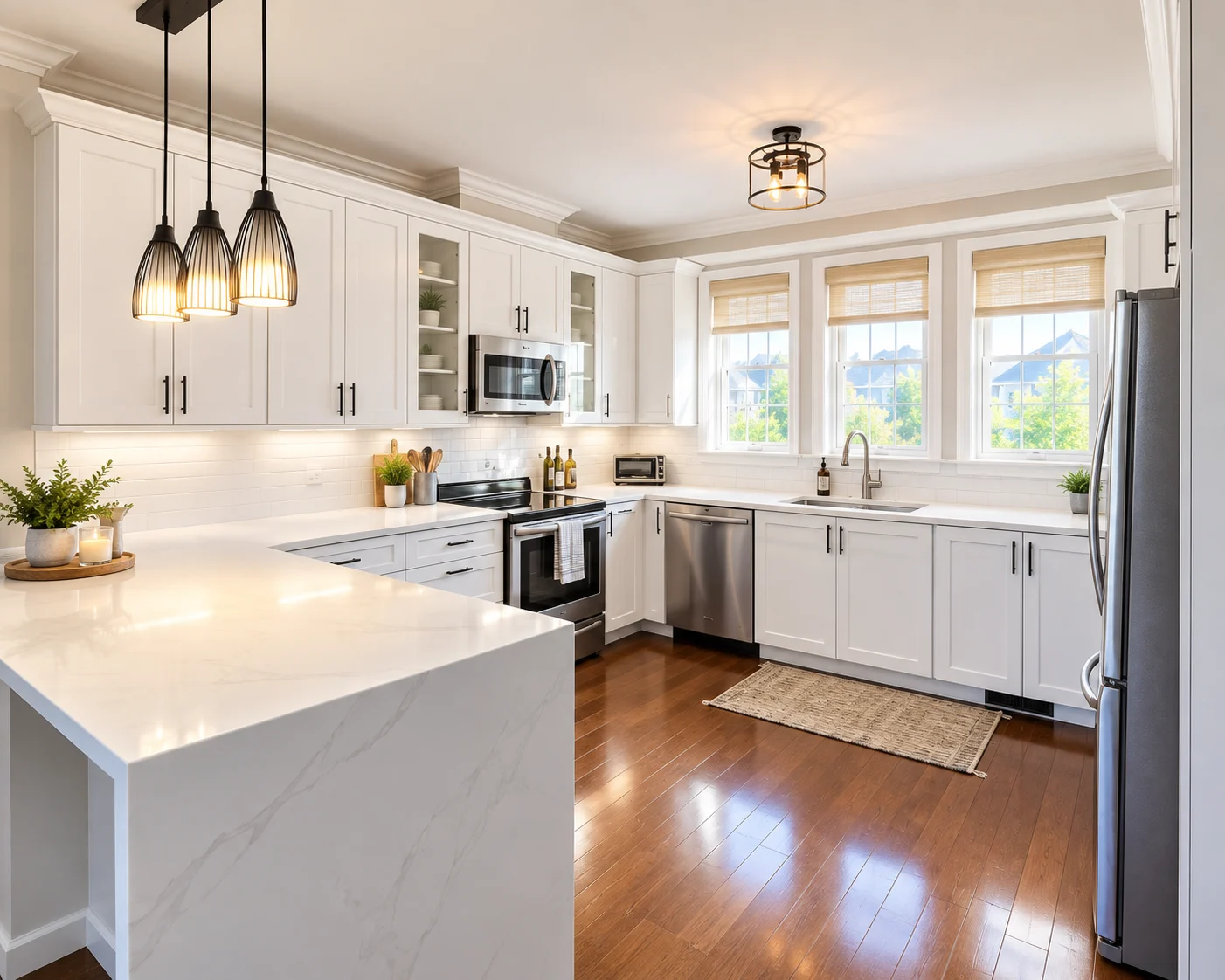 Bright white kitchen with island, pendant lights and hardwood floor