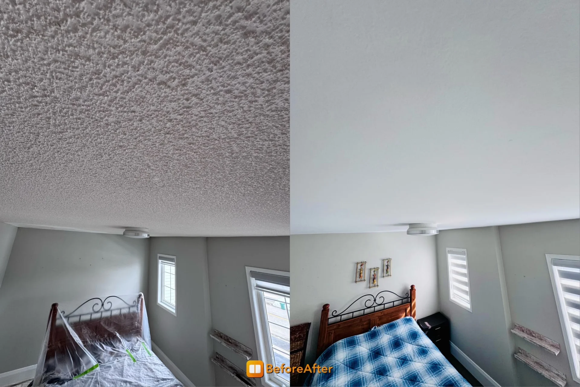 Popcorn ceiling removal in a bedroom, before and after